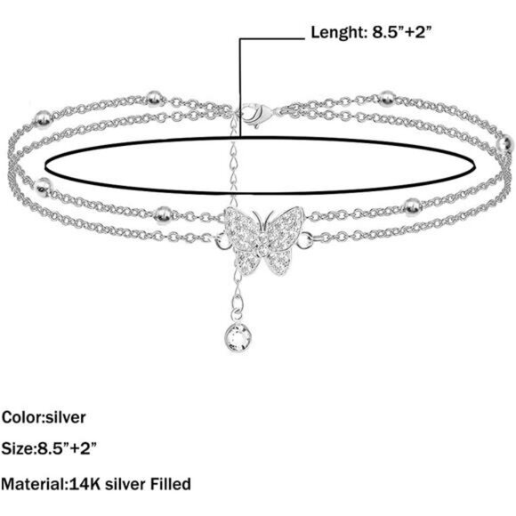 Silver butterfly anklet for women girls layered adjustable summer jewelry gift - Picture 2 of 8